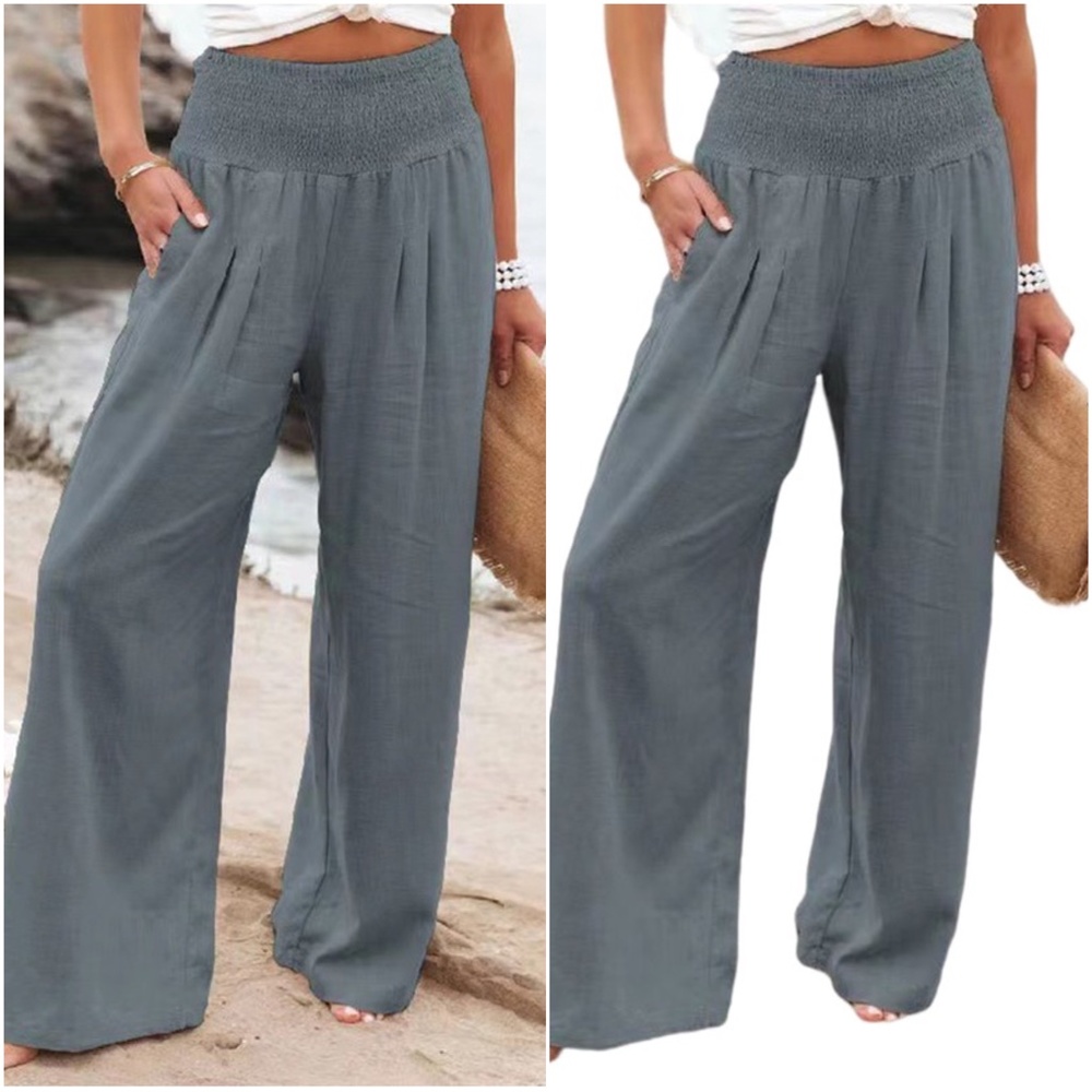 033 High Waisted Smocked Wide leg Lounge Pants - Picture 2 of 3